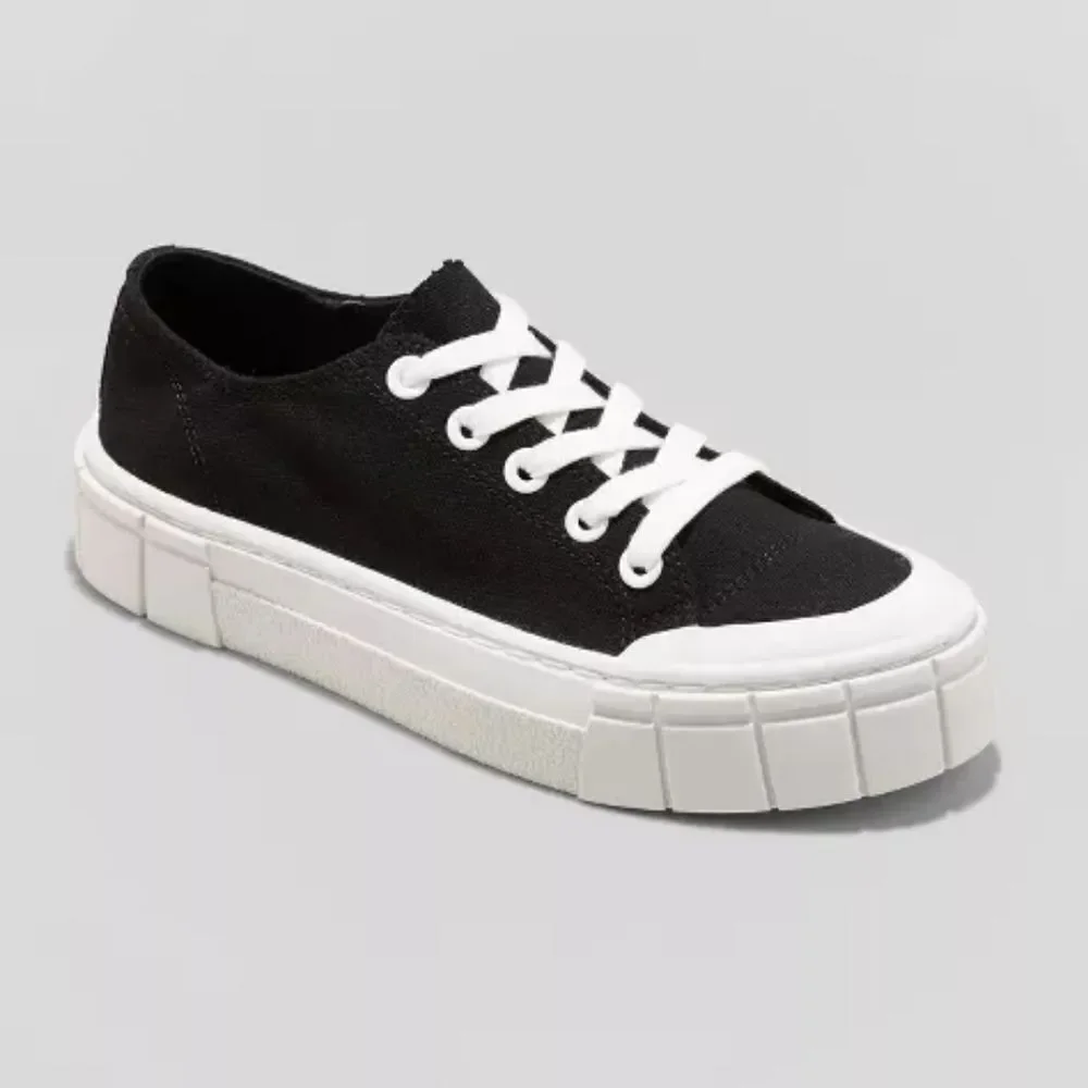 Ladies Black And White Platform Canvas Sneakers